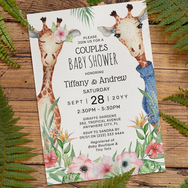 Giraffe & Tropical Greenery Couples Baby Shower Invitation (Creator Uploaded)
