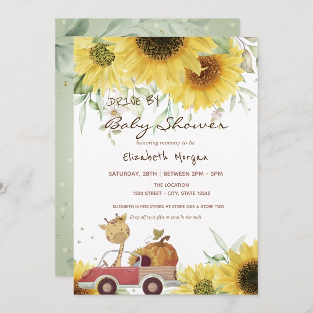 Giraffe Truck Pumpkin Sunflowers Drive Baby Shower Invitation (Front/Back)