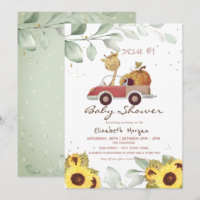 Giraffe Truck Sunflowers Pumpkin Drive Baby Shower Invitation (Front/Back)