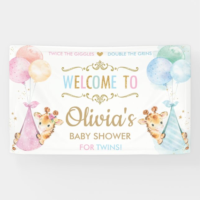 Giraffe Twin Boy Girl Baby Shower Welcome Backdrop Banner (Horizontal)