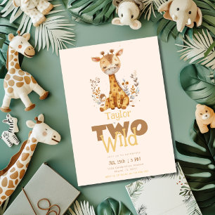 Giraffe Two Wild Safari Animals 2nd Birthday Invitation