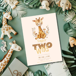 Giraffe Two Wild Safari Animals 2nd Birthday Invitation