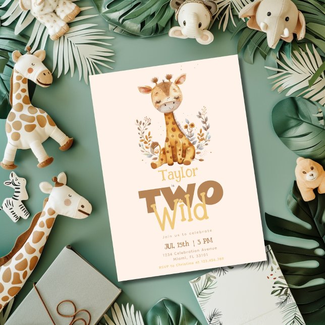 Giraffe Two Wild Safari Animals 2nd Birthday Invitation (Creator Uploaded)