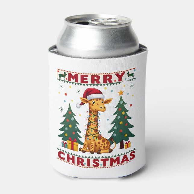 Giraffe Ugly Christmas Sweaters Funny Santa Hat Li Can Cooler (Can Front)