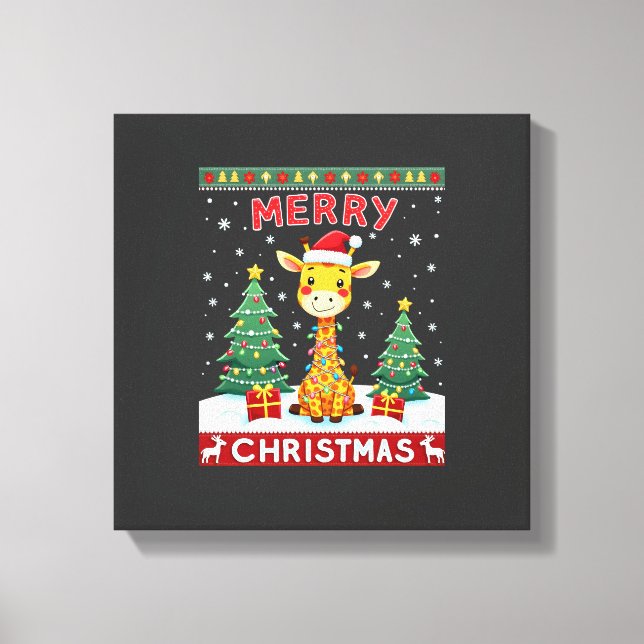 Giraffe Ugly Christmas Sweaters Funny Santa Hat Li Canvas Print (Front)