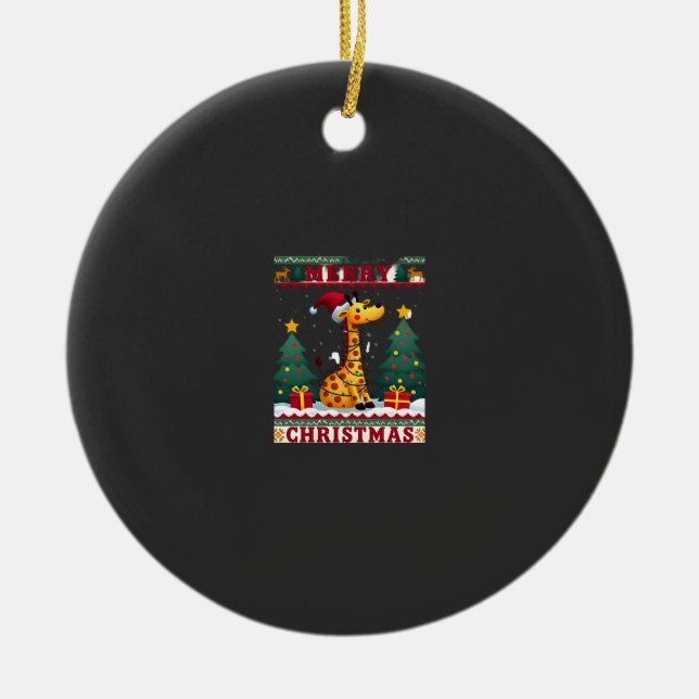 Giraffe Ugly Christmas Sweaters Funny Santa Hat Li Ceramic Tree Decoration (Front)