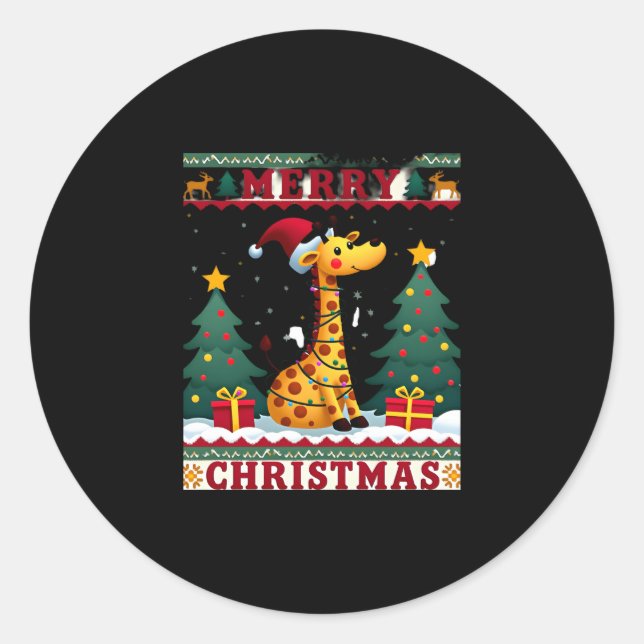 Giraffe Ugly Christmas Sweaters Funny Santa Hat Li Classic Round Sticker (Front)