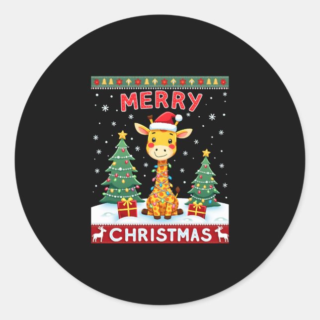 Giraffe Ugly Christmas Sweaters Funny Santa Hat Li Classic Round Sticker (Front)