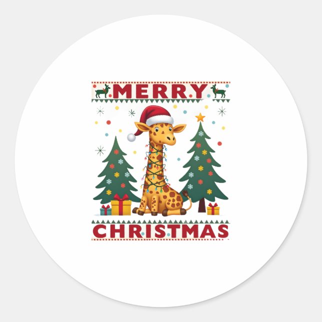 Giraffe Ugly Christmas Sweaters Funny Santa Hat Li Classic Round Sticker (Front)
