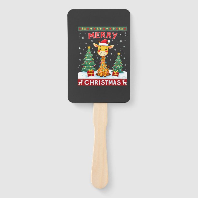 Giraffe Ugly Christmas Sweaters Funny Santa Hat Li Hand Fan (Front)