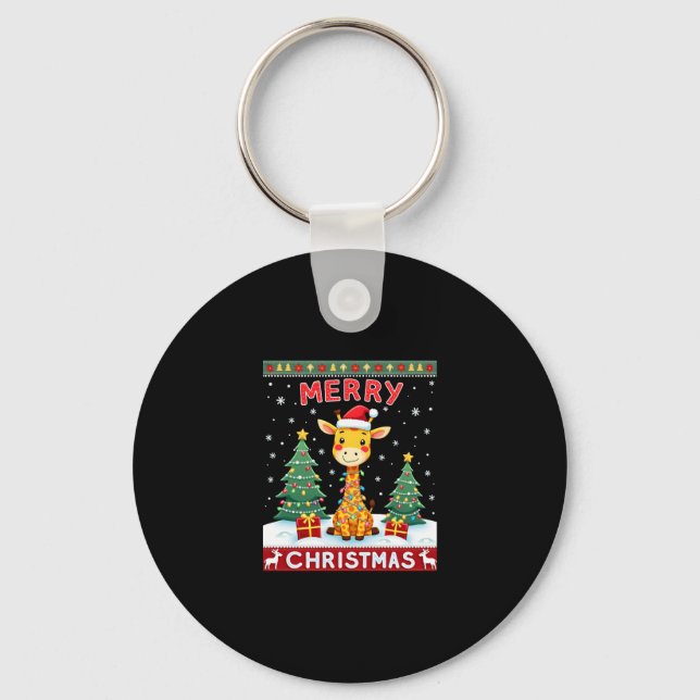 Giraffe Ugly Christmas Sweaters Funny Santa Hat Li Key Ring (Front)