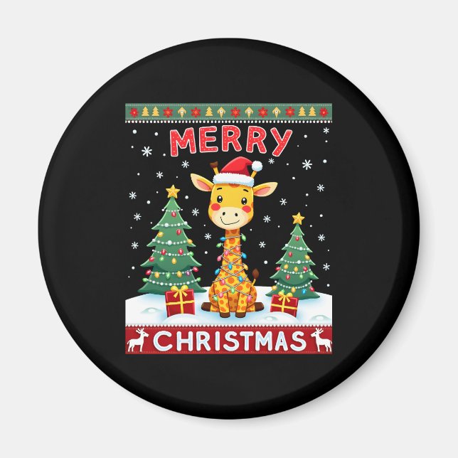 Giraffe Ugly Christmas Sweaters Funny Santa Hat Li Magnet (Front)
