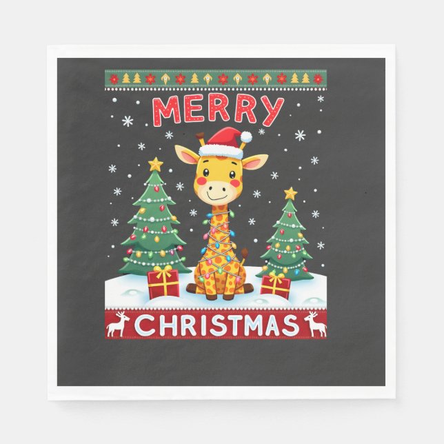 Giraffe Ugly Christmas Sweaters Funny Santa Hat Li Napkin (Front)