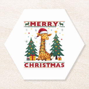 Giraffe Ugly Christmas Sweaters Funny Santa Hat Li Paper Coaster