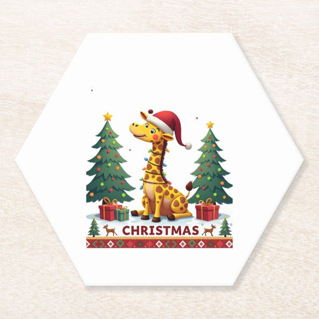 Giraffe Ugly Christmas Sweaters Funny Santa Hat Li Paper Coaster (Front)