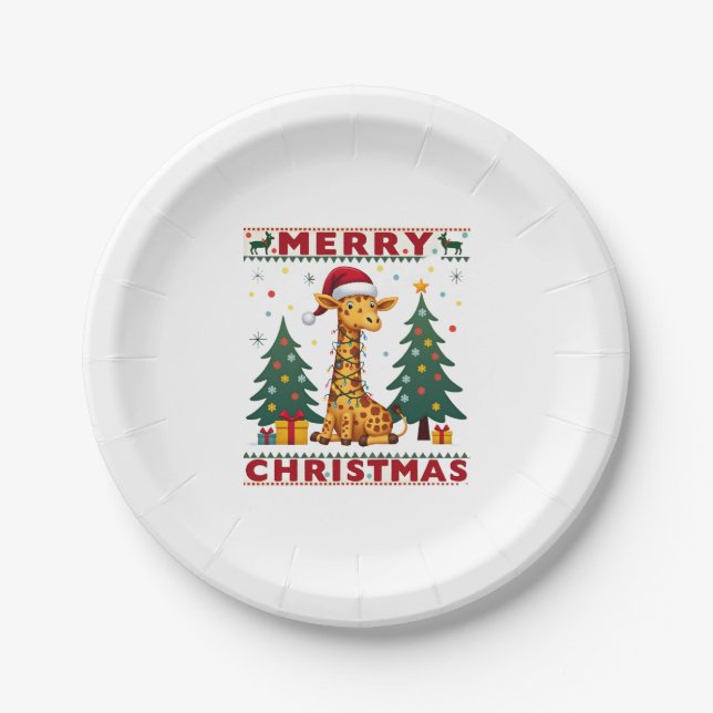 Giraffe Ugly Christmas Sweaters Funny Santa Hat Li Paper Plate (Front)