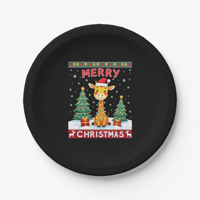 Giraffe Ugly Christmas Sweaters Funny Santa Hat Li Paper Plate (Front)