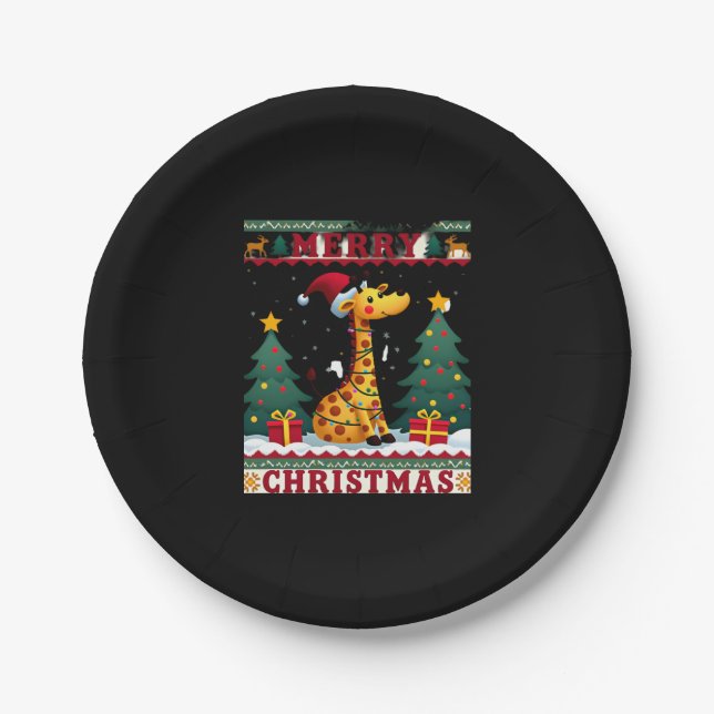 Giraffe Ugly Christmas Sweaters Funny Santa Hat Li Paper Plate (Front)