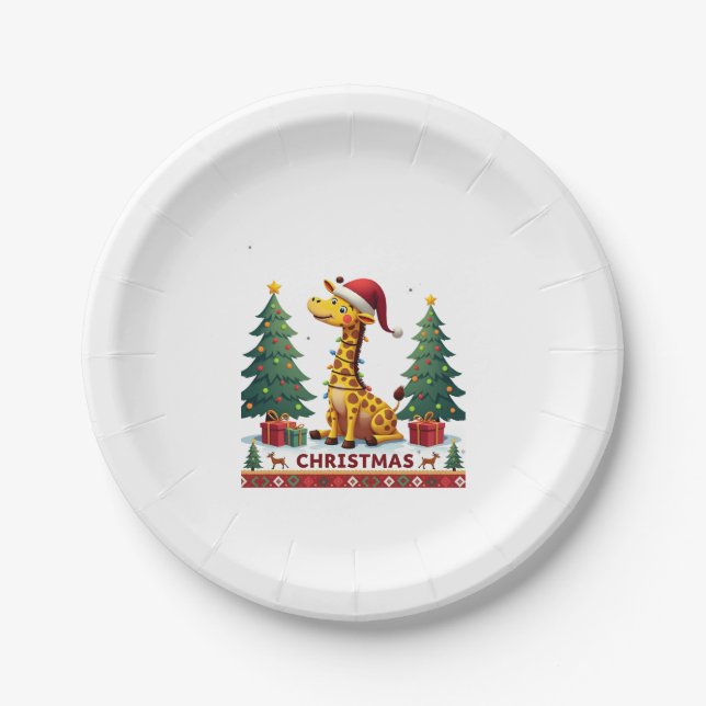 Giraffe Ugly Christmas Sweaters Funny Santa Hat Li Paper Plate (Front)