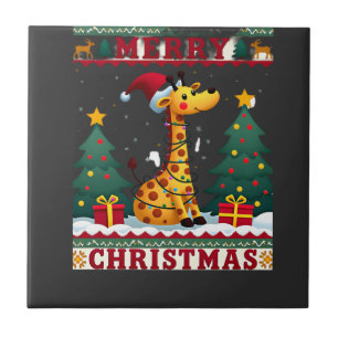 Giraffe Ugly Christmas Sweaters Funny Santa Hat Li Tile