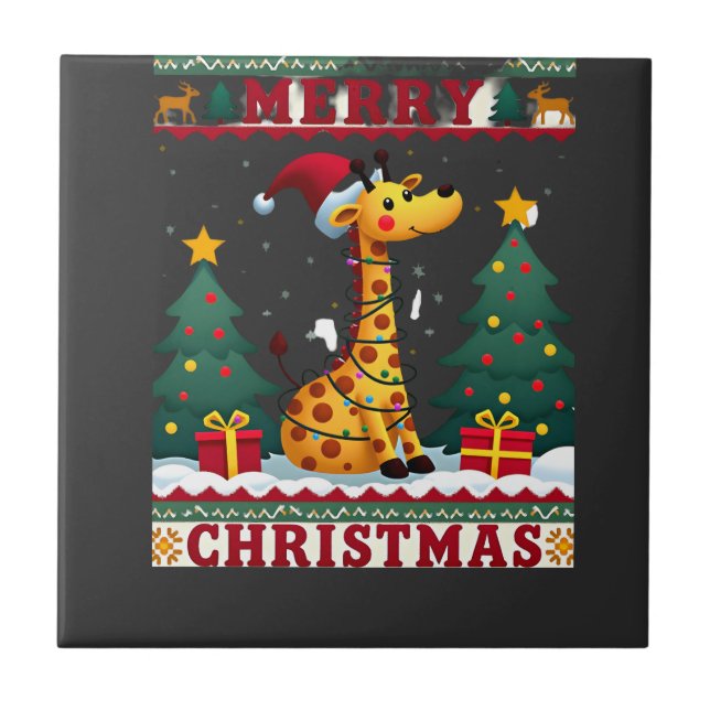 Giraffe Ugly Christmas Sweaters Funny Santa Hat Li Tile (Front)