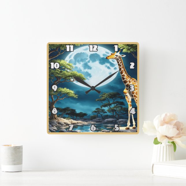Giraffe Under Full Moonlight in Tranquil Landscape Square Wall Clock (Home)