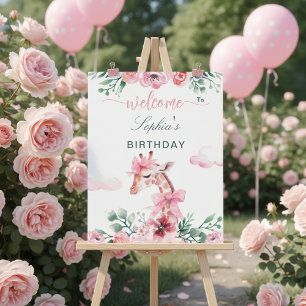 Giraffe Watercolor Floral Pink Ribbon Girl  Poster