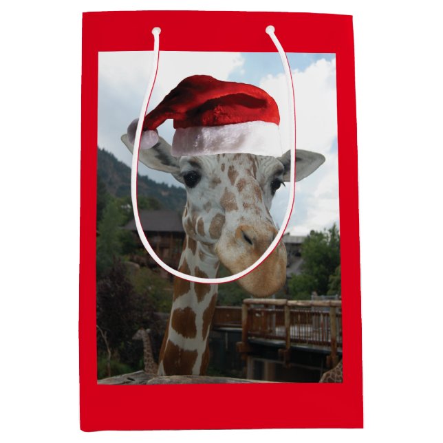 Giraffe wearing a Santa Claus Hat for Christmas Medium Gift Bag (Front)