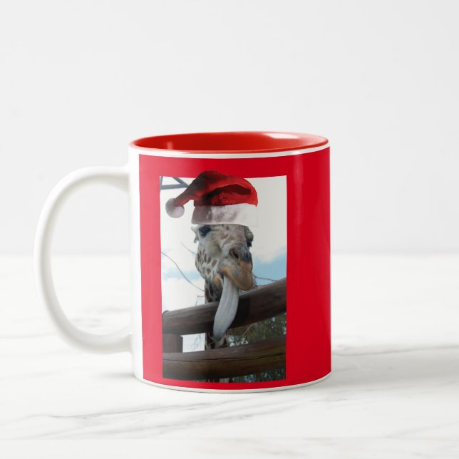 Giraffe wearing a Santa Claus Hat Two-Tone Coffee Mug (Left)