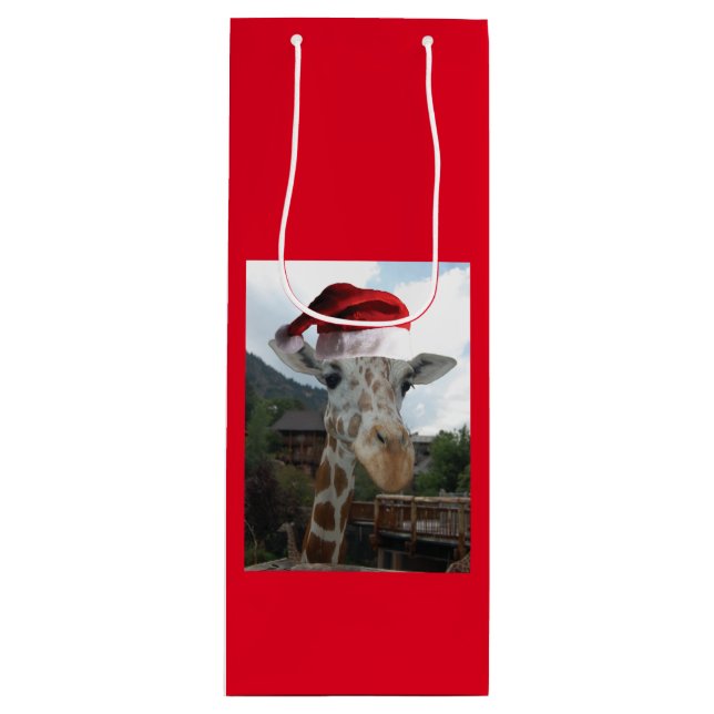 Giraffe wearing a Santa Claus Hat Wine Gift Bag (Front)