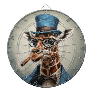 Giraffe wearing a top hat smoking a cigar dartboard