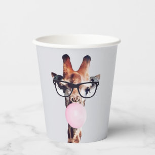Giraffe wearing glasses blowing a pink bubble gum paper cups