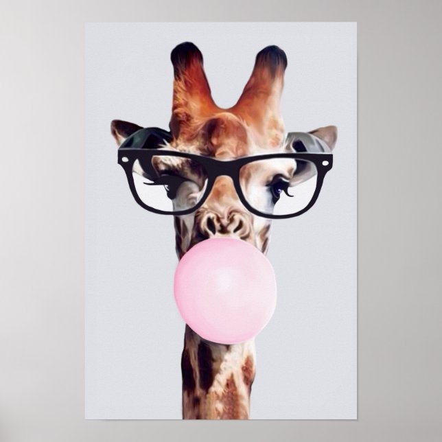 GIRAFFE WEARING GLASSES BLOWING A PINK BUBBLE GUM POSTER (Front)