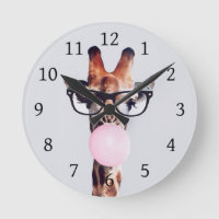 Giraffe wearing glasses blowing a pink bubble gum