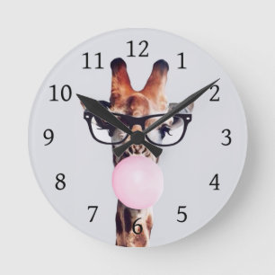 Giraffe wearing glasses blowing a pink bubble gum round clock