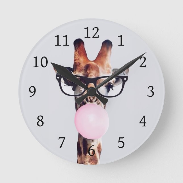 Giraffe wearing glasses blowing a pink bubble gum round clock (Front)