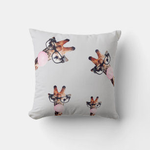 GIRAFFE WEARING GLASSES BLOWING A PINK BUBBLEGUM CUSHION