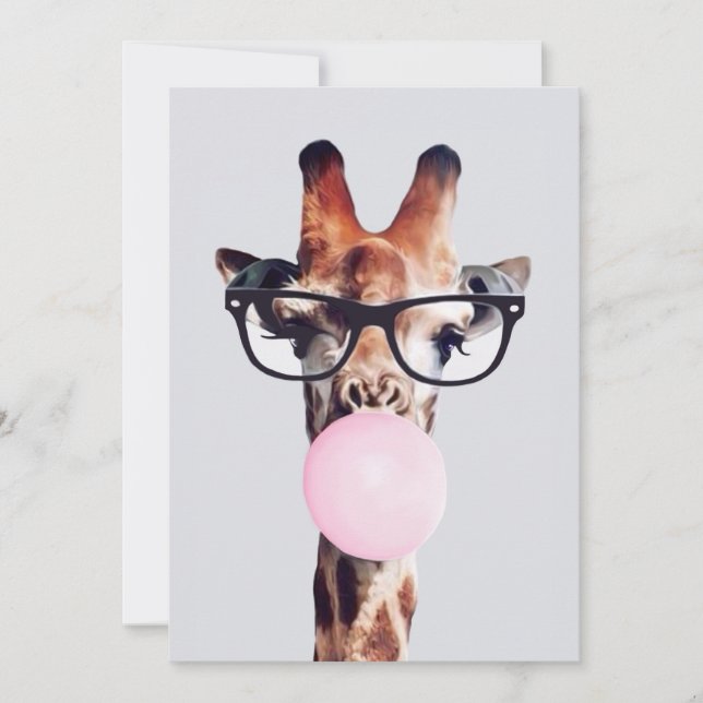 GIRAFFE WEARING GLASSES BLOWING A PINK BUBBLEGUM INVITATION (Front)