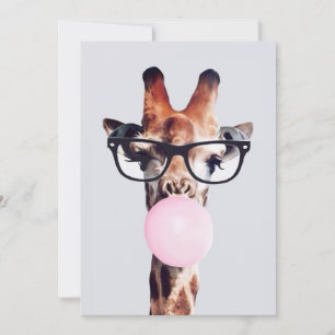 GIRAFFE WEARING GLASSES BLOWING A PINK BUBBLEGUM INVITATION