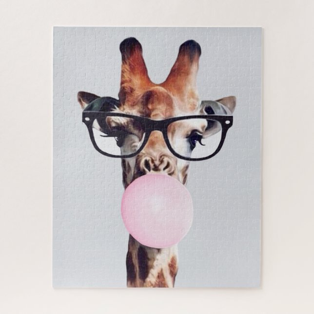 GIRAFFE WEARING GLASSES BLOWING A PINK BUBBLEGUM JIGSAW PUZZLE (Vertical)