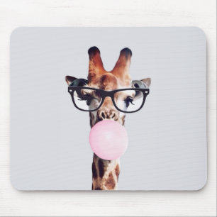 GIRAFFE WEARING GLASSES BLOWING A PINK BUBBLEGUM MOUSE MAT