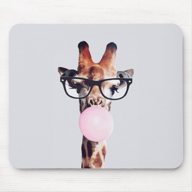 GIRAFFE WEARING GLASSES BLOWING A PINK BUBBLEGUM MOUSE MAT (Front)