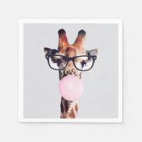 GIRAFFE WEARING GLASSES BLOWING A PINK BUBBLEGUM