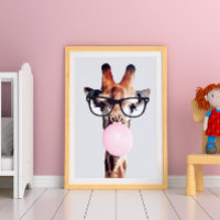 GIRAFFE WEARING GLASSES BLOWING A PINK BUBBLEGUM