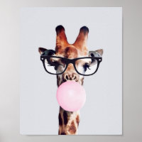 GIRAFFE WEARING GLASSES BLOWING A PINK BUBBLEGUM