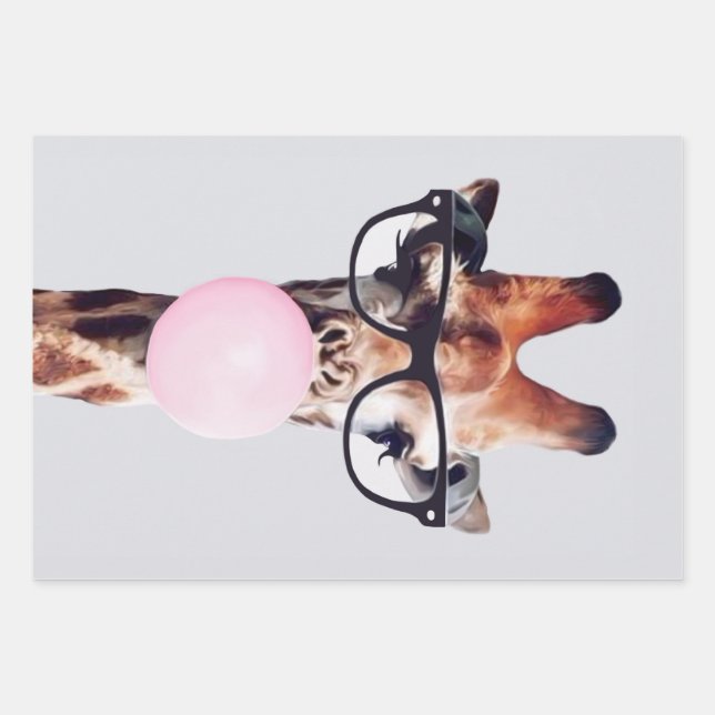 GIRAFFE WEARING GLASSES BLOWING A PINK BUBBLEGUM WRAPPING PAPER SHEET (Front)