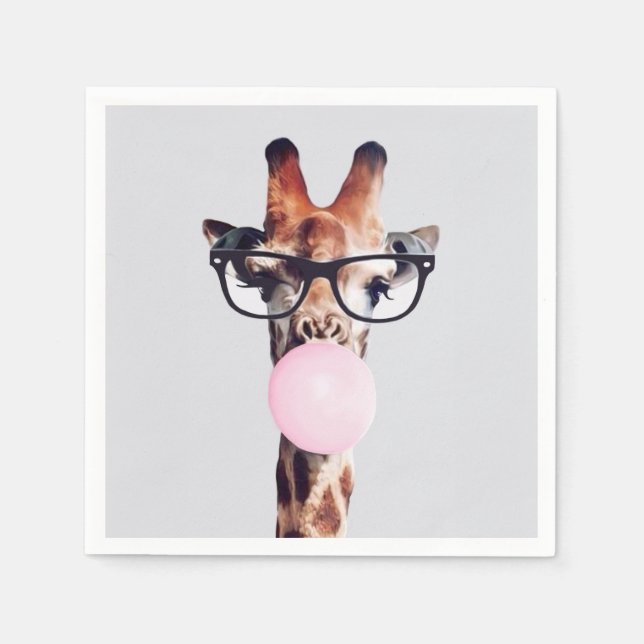 Giraffe wearing glasses blowing bubble gum napkin (Front)