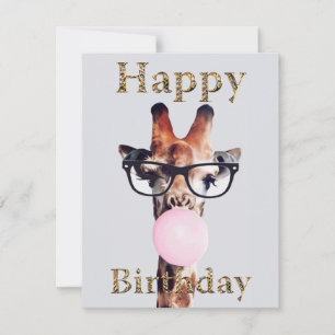 Giraffe Wearing Glasses Blowing Pink Bubble gum