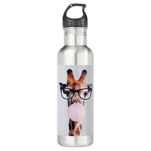 Giraffe wearing glasses blowing pink bubble gum 710 ml water bottle