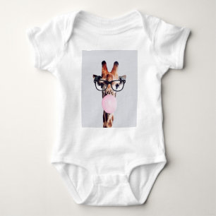 Giraffe Wearing Glasses Blowing Pink Bubble gum Baby Bodysuit